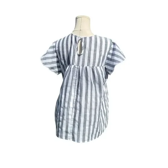 Emery Rose Flutter Sleeve Blue White Striped Embroidered Floral Blouse Womens L - Picture 3 of 12